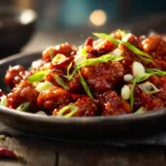 : Freshly fried chicken being tossed in a thick chilli sauce inside a wok.