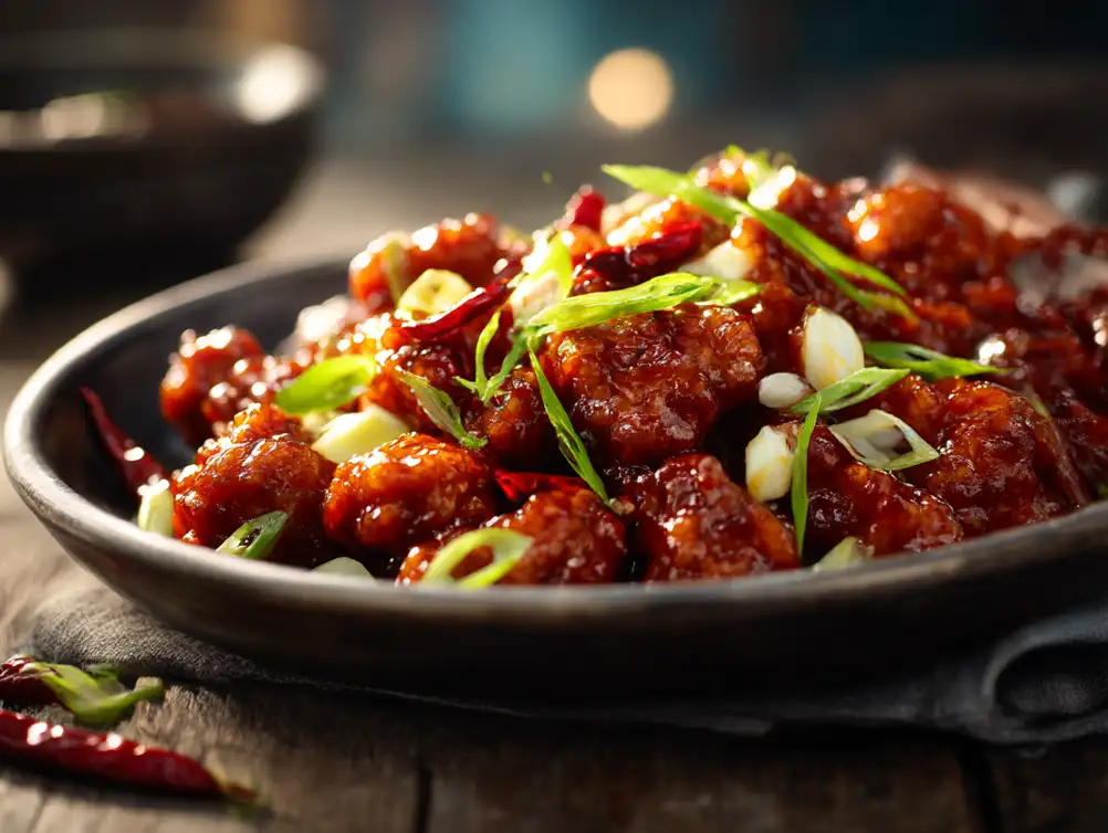 : Freshly fried chicken being tossed in a thick chilli sauce inside a wok.