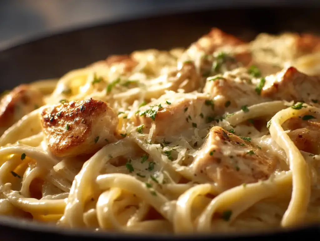Close-up view of creamy pasta with chicken and parmesan sauce
