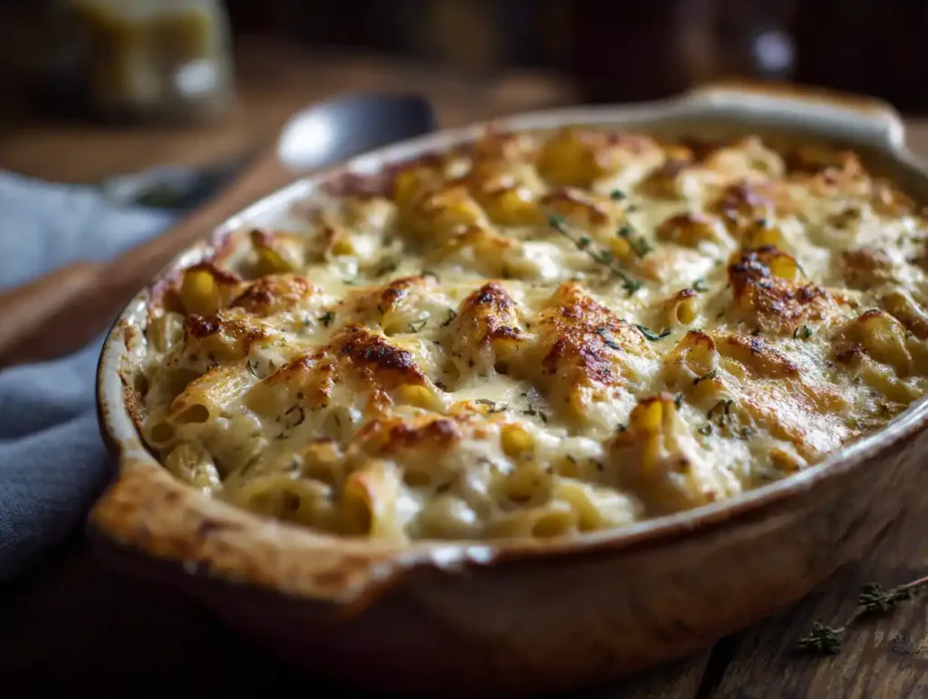 creamy garlic parmesan chicken pasta bake in baking dish