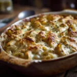 creamy garlic parmesan chicken pasta bake in baking dish