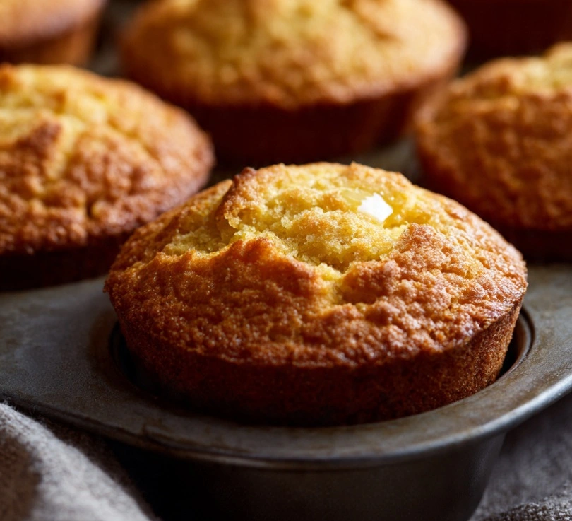 Cornbread muffin split open with butter melting inside