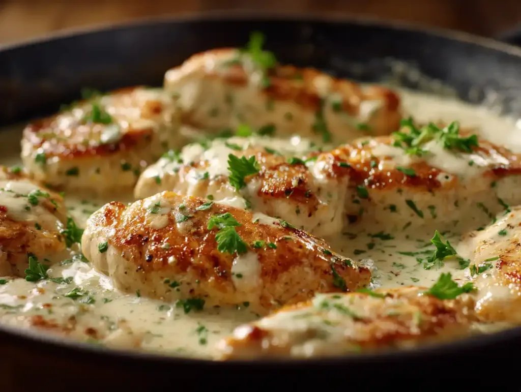 Skillet of creamy garlic Parmesan chicken with fresh parsley.