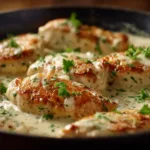 Skillet of creamy garlic Parmesan chicken with fresh parsley.