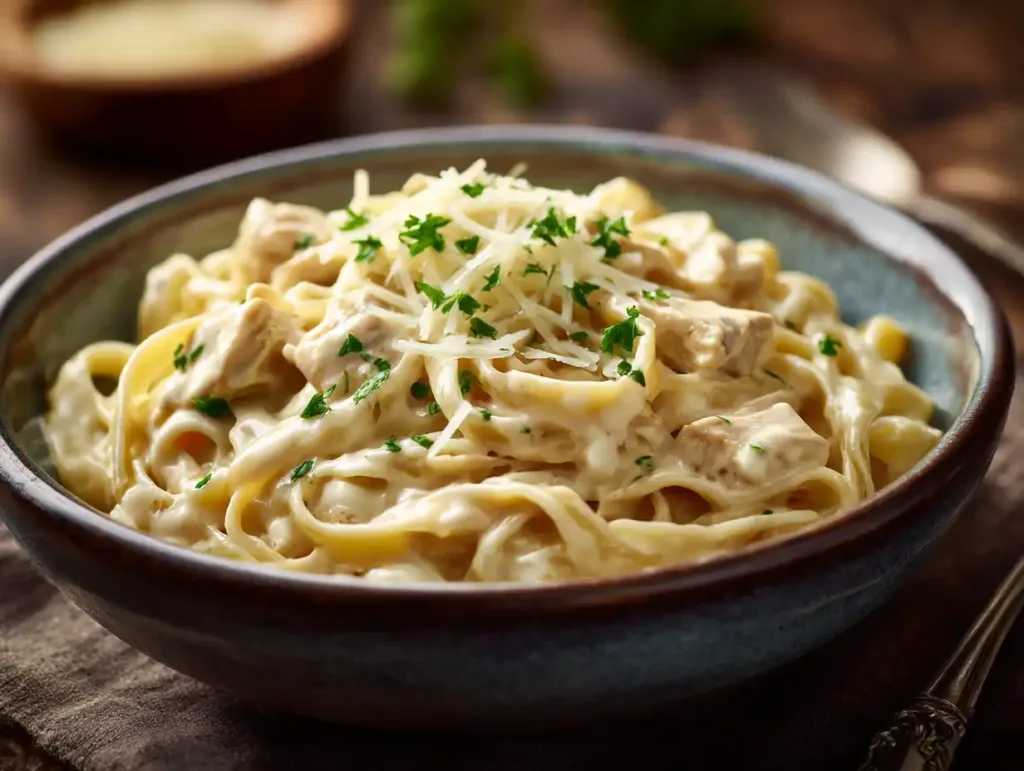  Homemade Alfredo sauce simmering in a skillet with melted parmesan