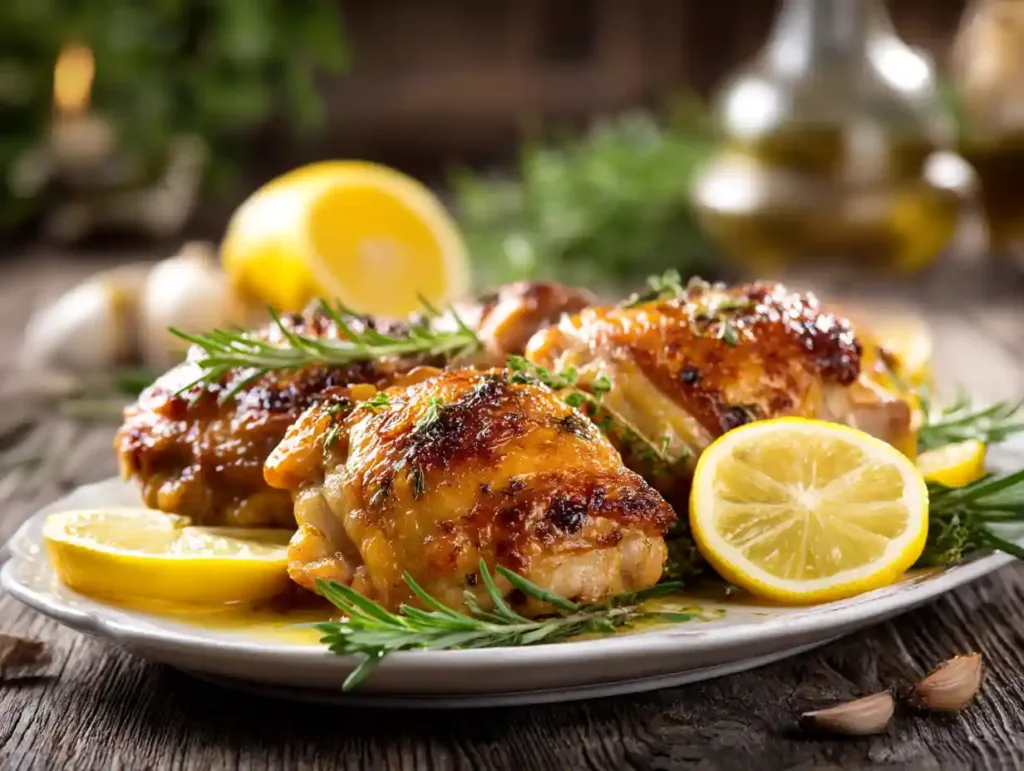 Crispy Greek lemon chicken thighs baked with herbs and lemon slices
