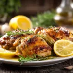 Crispy Greek lemon chicken thighs baked with herbs and lemon slices