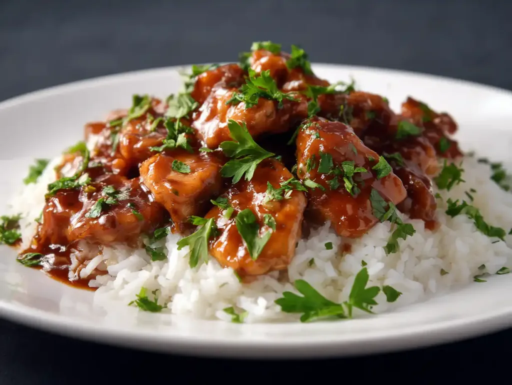 Overhead bowl of honey garlic chicken and rice.