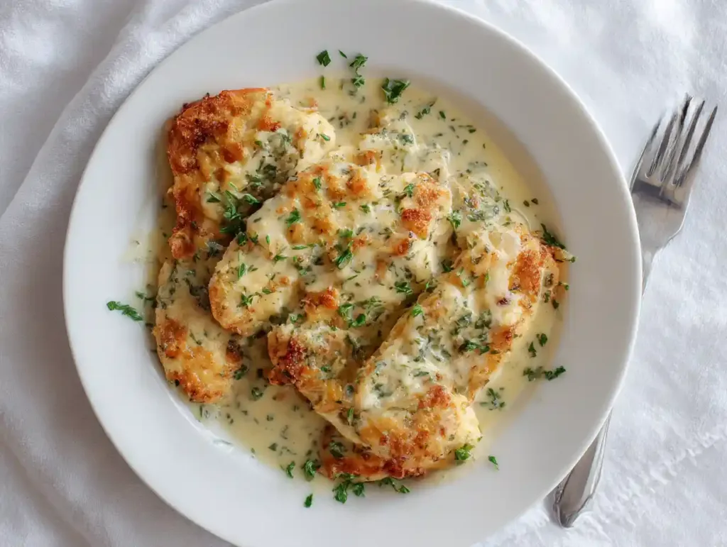 Overhead view of creamy garlic Parmesan chicken with parsley.