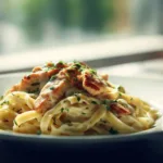Bowl of creamy chicken fettuccine Alfredo with parmesan and herbs