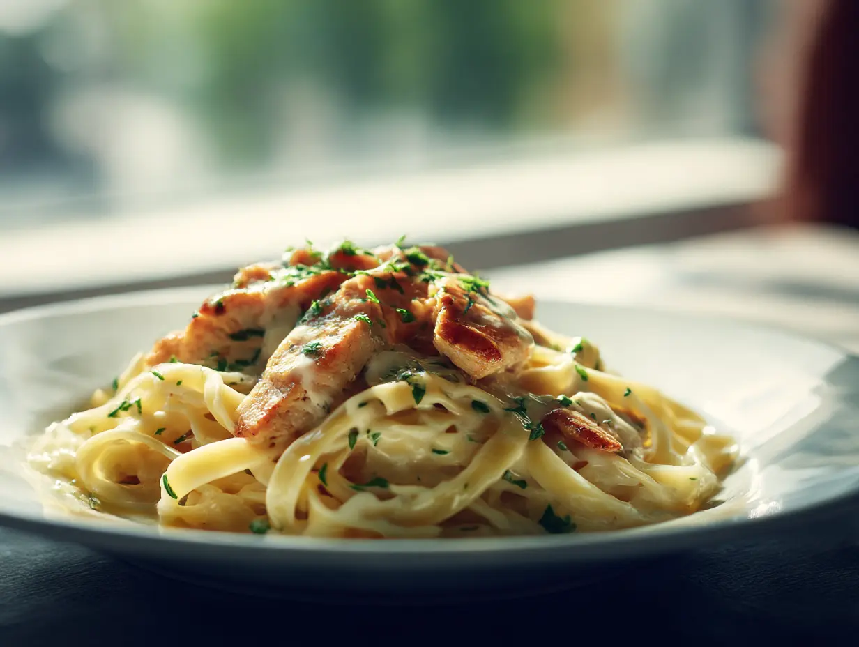 Bowl of creamy chicken fettuccine Alfredo with parmesan and herbs